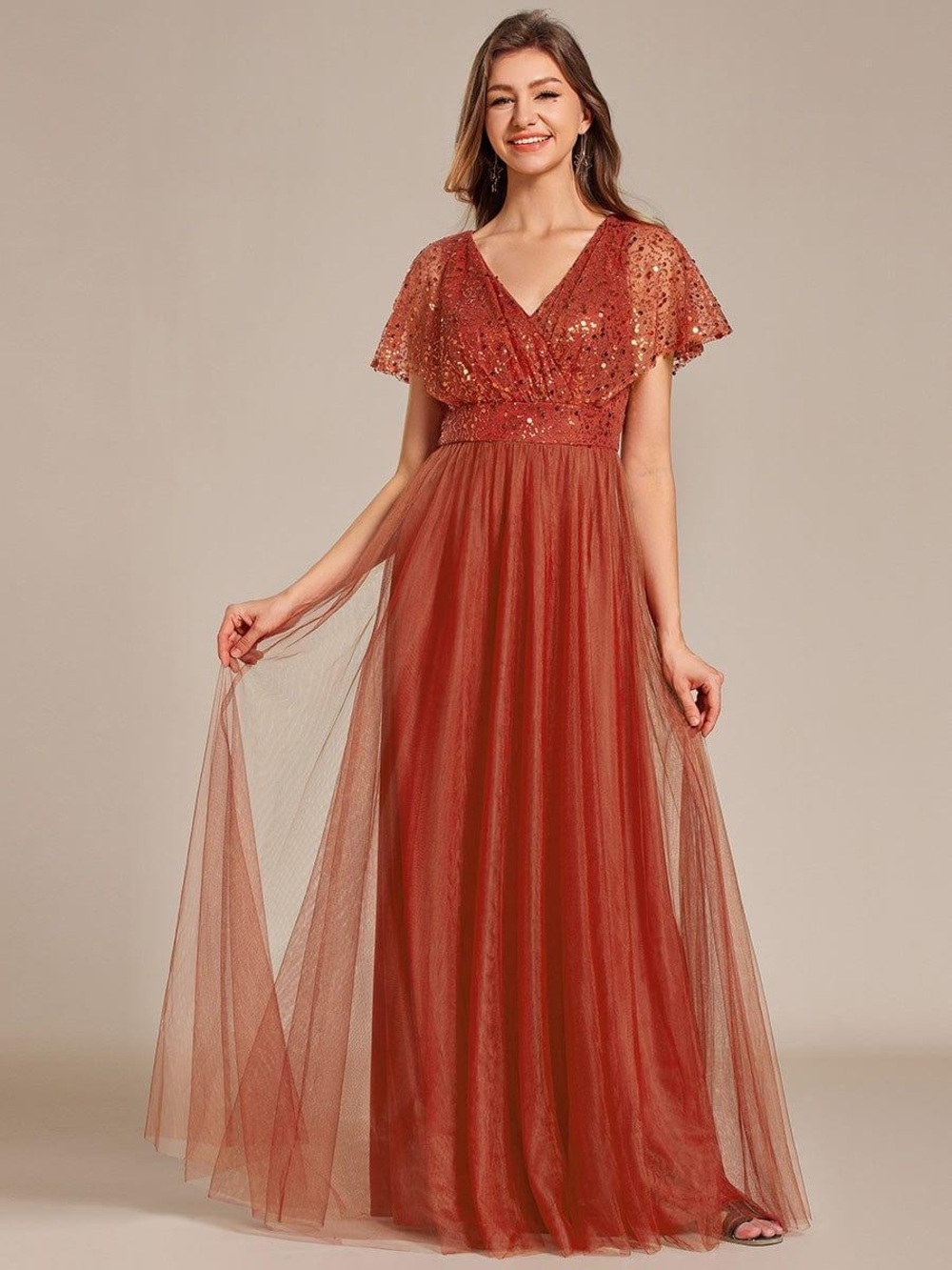 Ever Pretty Sparkly Sequin A-Line V-Neck Tulle Formal Evening Dress - Larg